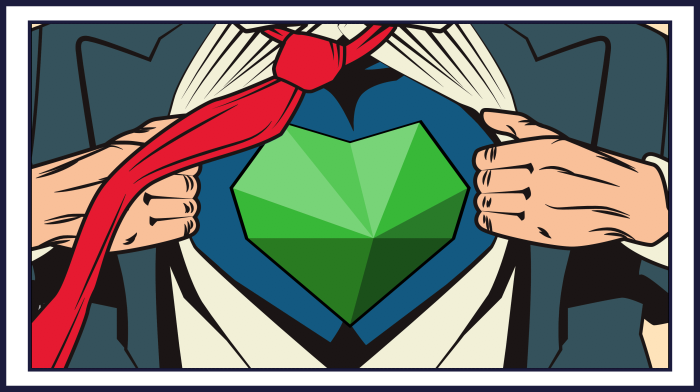 A cartoon man reveals a superhero costume from under his shirt, in the style of Superman. Instead of the S, it's a green Graphile heart logo.