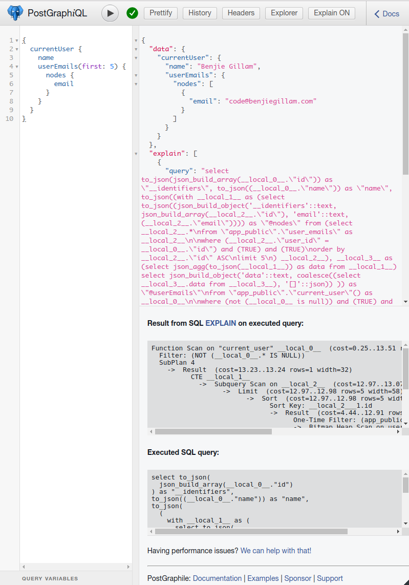 Demo of the new GraphiQL Explain feature in PostGraphile