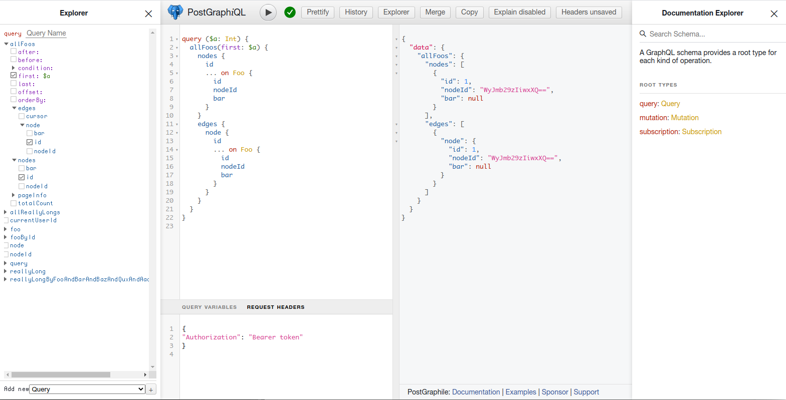 A screenshot of the new improved PostGraphiQL