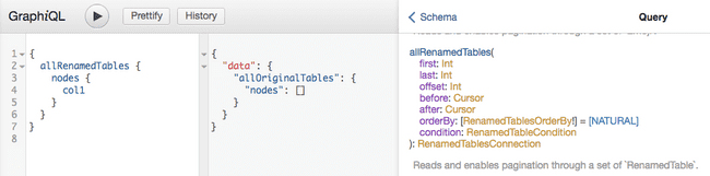 GraphiQL displaying allRenamedTables