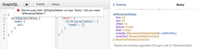 GraphiQL displaying the renamed allOriginalTables