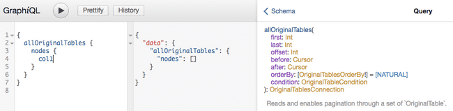 GraphiQL displaying allOriginalTables